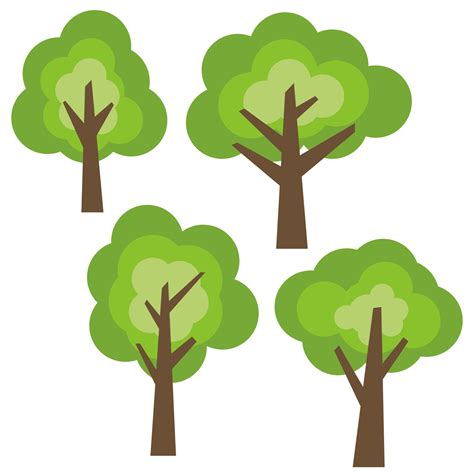 Set Of Four Different Cartoon Green Trees Isolated On White Background