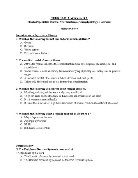 Neur A Worksheet Feb Neur A Worksheet Intro To