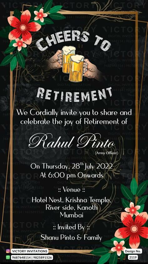 Retirement Party Invitation Card In English Language With Frame Flowers As Floral Theme Design