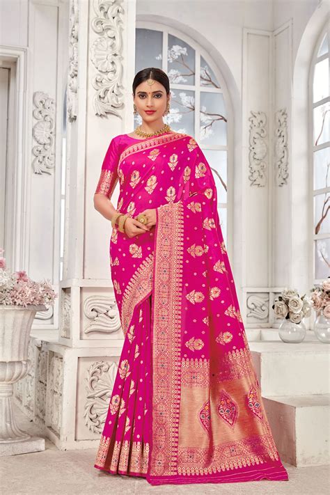 Woven Banarasi Silk Saree In Rani Pink Ucchal Fashion