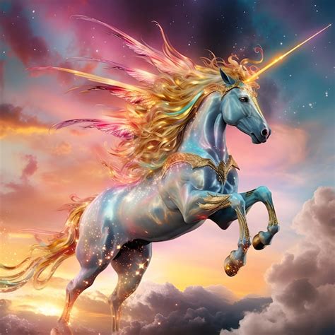 Un unicornio con melena y cola de arcoíris vuela por el cielo Foto