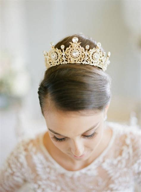 Edwardian Gold Full Bridal Crown Swarovski Crystal Gold Wedding Crown