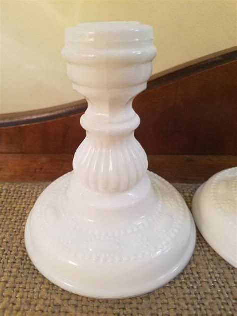 Kemple Glass Milk Glass Lace And Dewdrop Candle Stick Set Etsy