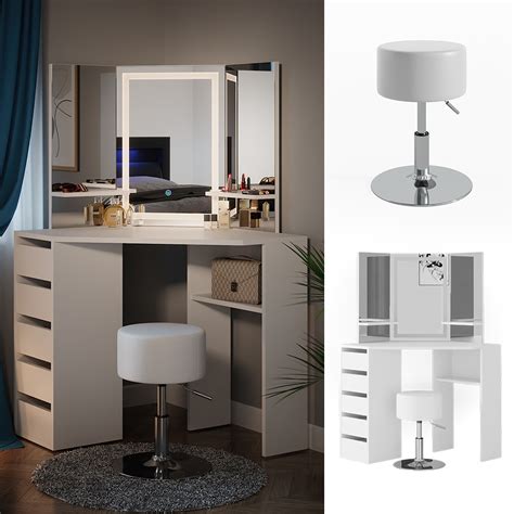 Coiffeuse En Angle Arielle 111cm Blanc Avec Mirioir LED Et Tabouret