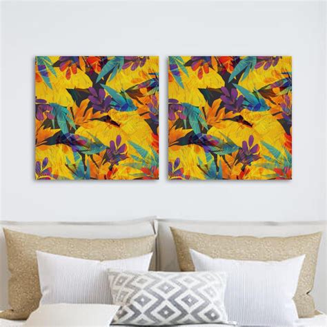 Ownta Purple Blue Yellow Tropical Leaves Art Pattern 2pc Canvas Wall