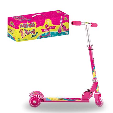 Patinete Infantil Menina Rosa c 3 Rodas Luzes Led 50Kg Dobrável no