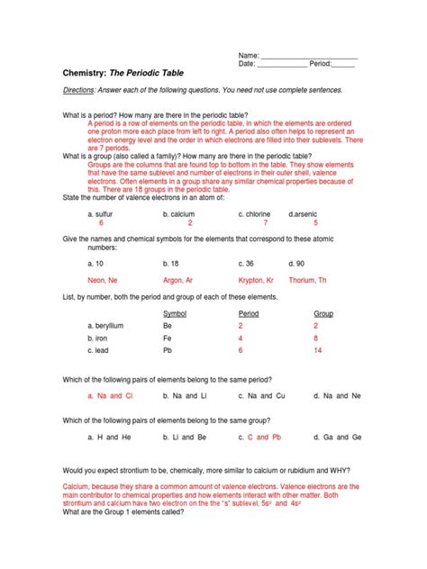 Periodic Table Trends Worksheet Answers Pdf Periodic Table Worksheets Library