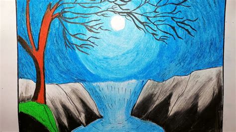 How To Draw Moonlight Scenery Easy Moonlight Waterfall Scenery