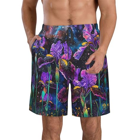 Adobk Starry Night Iris Field Print Mens Swim Trunks Hawaiian Bathing