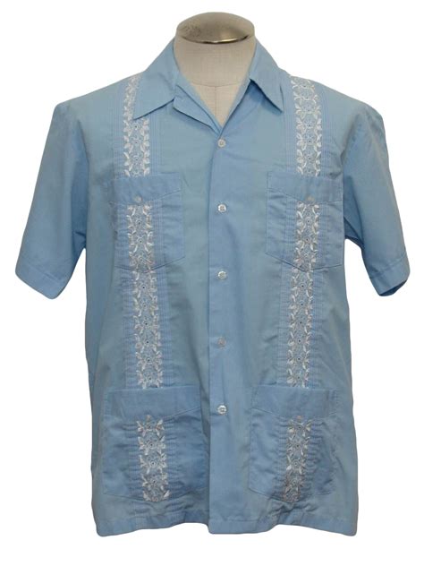 Retro 1980s Guayabera Shirt 80s Haband Mens Light Blue Polyester And