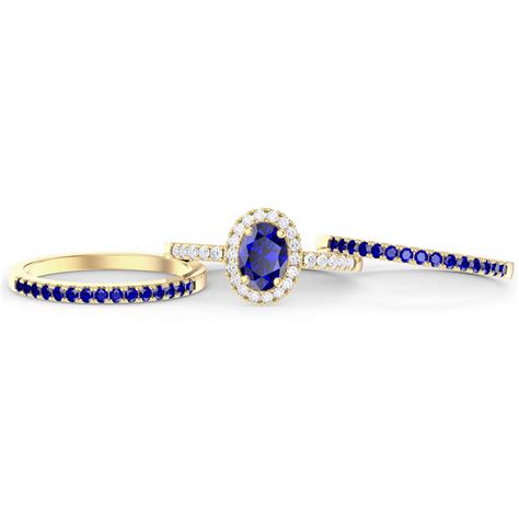 Eternity Sapphire Oval Halo Ct Yellow Gold Engagement Ring Set S