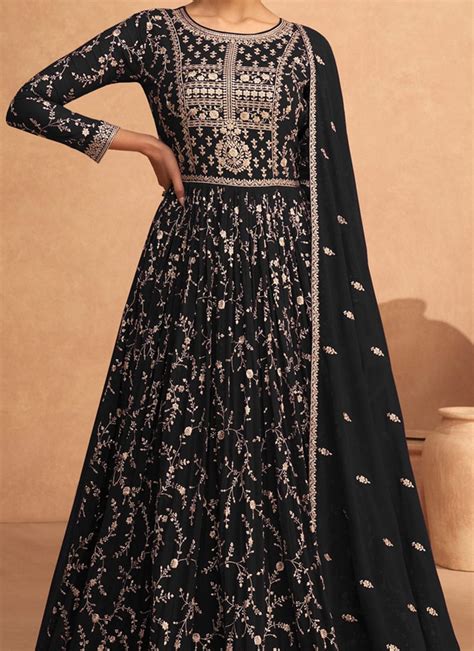 Buy Black Faux Georgette Embroidered Anarkali Suit Party Wear Online At