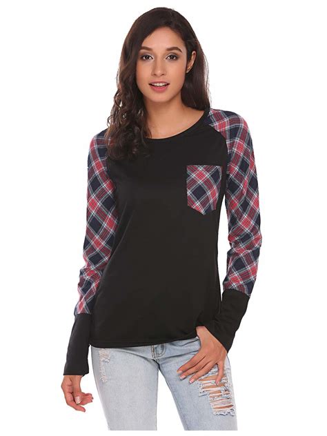 Generic Womens Casual T Shirt Top O Neck Raglan Long Sleeve Plaid