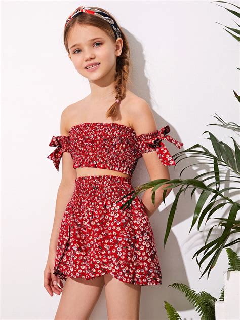 Girls Off Shoulder Knot Sleeve Shirred Ditsy Floral Top And Shorts Set In