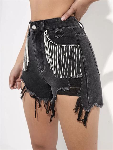 Rhinestone Fringe Trim Raw Hem Denim Shorts Country Concert Outfit