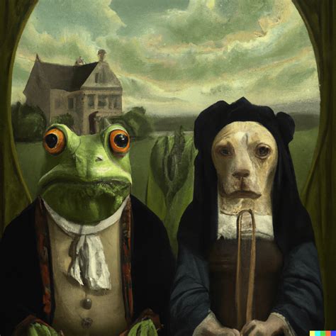 American Gothic By Grant Wood With The Faces Of A Doge And A Frog