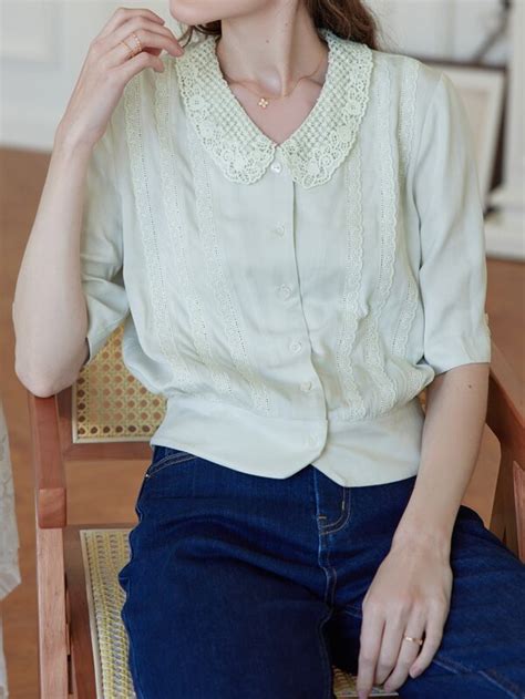 Simple Retro Contrast Lace Peter Pan Collar Shirt Shein Usa