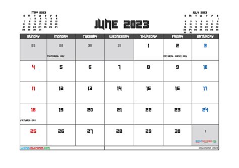 June Calendar With Holidays Printable