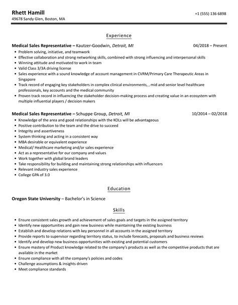 Medical Sales Representative Resume Samples Velvet Jobs