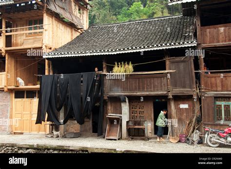 A traditional Dong wooden house with indigo dyed clothes hanging to dry, Zhaoxing Dong Village ...