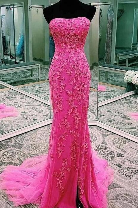 Strapless Mermaid Pink Prom Dress With Lace On Luulla