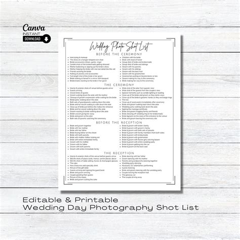 Editable Wedding Photography Checklist Photographer Form Printable