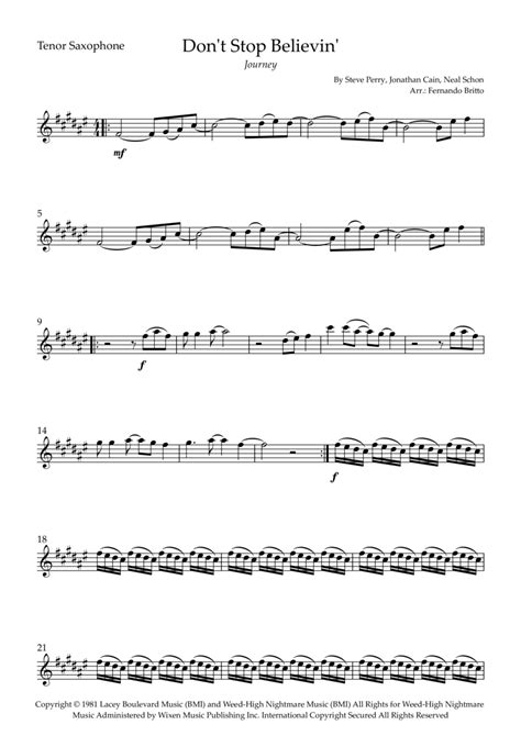 Dont Stop Believin Arr Fernando Britto By Journey Sheet Music For Tenor Sax Solo At Sheet