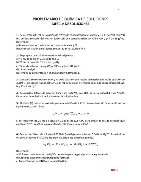 Problemario DE Mezcla DE SOL Química De Soluciones IPN Studocu