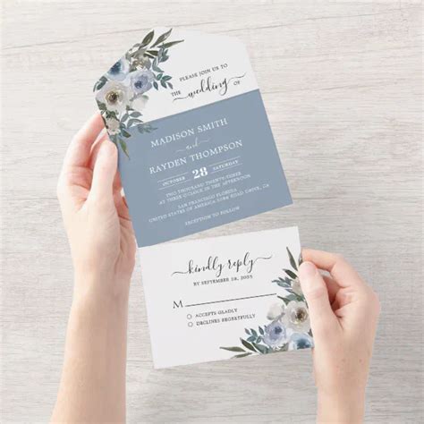 Elegant Dusty Blue Watercolor Floral Wedding All In One Invitation Zazzle