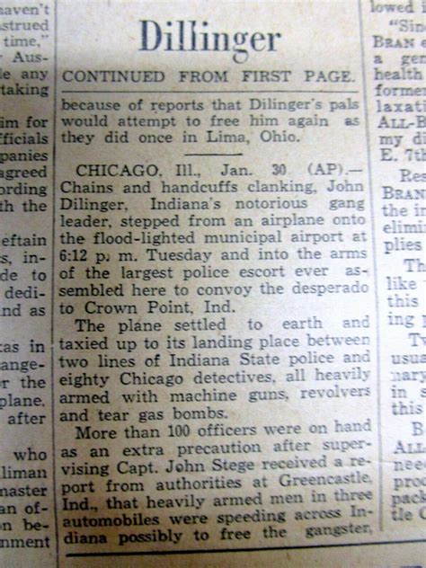 2 1934 newspapers Captured outlaw JOHN DILLINGER & Gang EXTRADICTED to