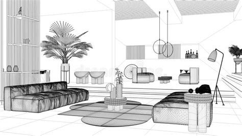 Blueprint Project Draft, Contemporary Living Room, Sofa, Armchair, Carpet, Tables, Steps and ...