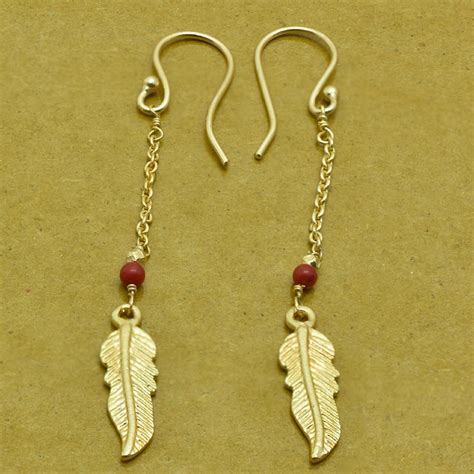 Best Ts Coral With Feather Earring Brass 22k Gold Earring Etsy