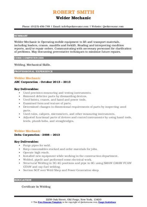 Welder Mechanic Resume Samples Qwikresume