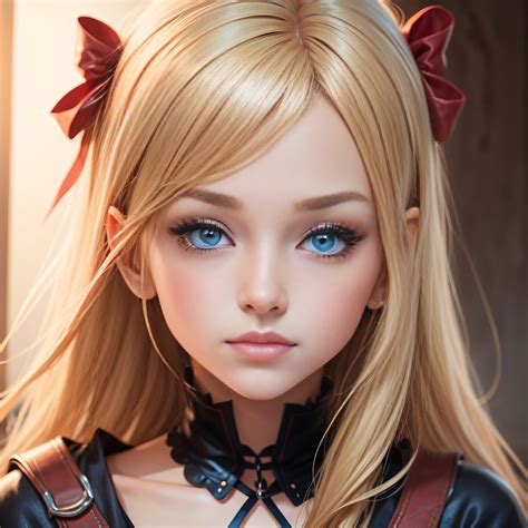 Blonde Girl With Blue Eyes And Red Ribbon In Hair Kawaii Realistic Portrait Detailed Digital