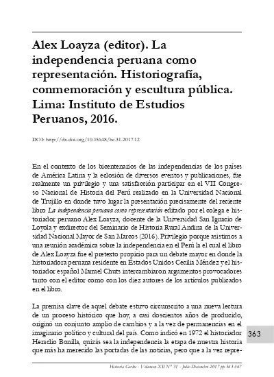 Reseña Del Libro De Loayza Alex Editor 2016 La Independencia Peruana Como Representación