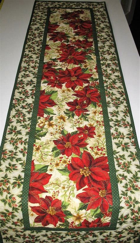 Christmas Quilted Table Runner Poinsettias Quilted Handmade Fabric B08