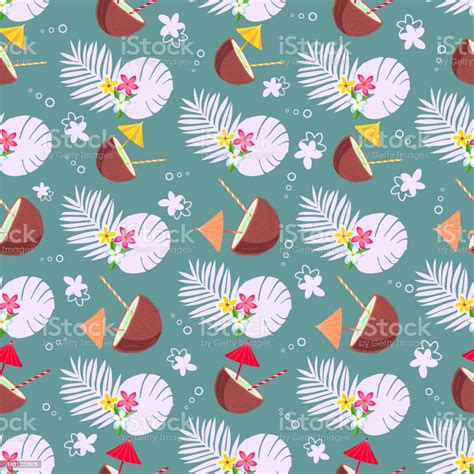 Vector Summer Seamless Pattern With Coconut Cocktail Tropical Leaves