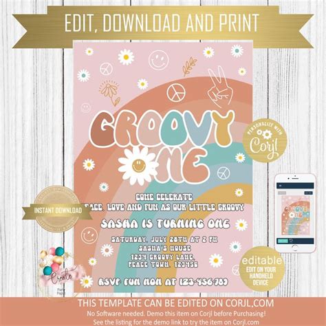 Editable Groovy One Birthday Party Invitation Peace Love Party Etsy