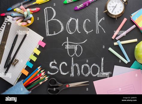 Text Back To School Chalk Drawing Elements On Blackboard Background