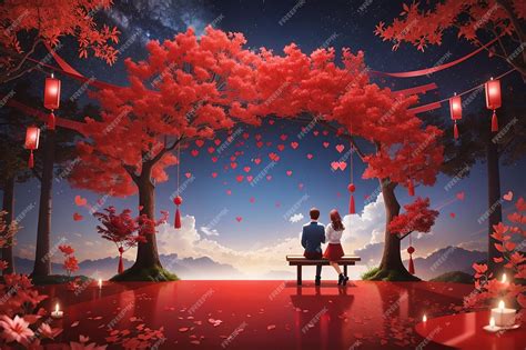 Premium Ai Image Romantic Red Love Tree Under The Couple Tanabata Tanabata Poster Background Psd