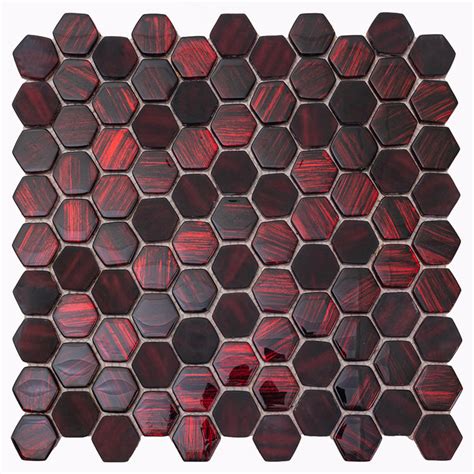 11.3" x 11.3" Red Foil Hexagon Glass Mosaic Tile | Tile Club