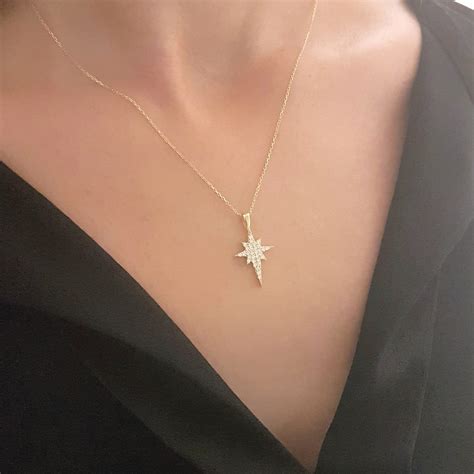 K Real Solid Gold North Star Necklace For Women