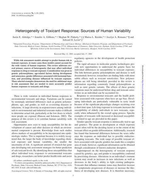 (PDF) Heterogeneity of Toxicant Response: Sources of Human Variability