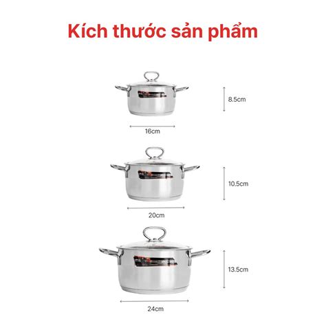 Nồi Inox Cao Cấp 3 Đáy Nắp Kiếng Delux 16cm 20cm 34cm Happycook