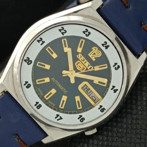 Vintage Seiko Automatic A Japan Mens Day Date Blue Watch A