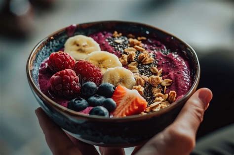 Person X S Hand Holding A Smoothie Bowl Filled With Vibrant Fruits