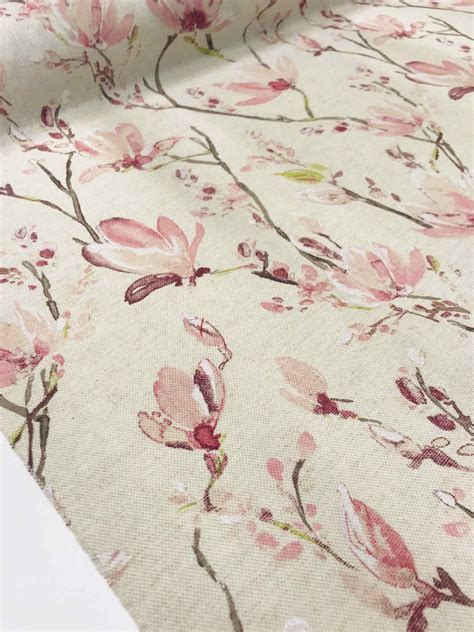 Toile De Coton Fleurs Rose Fond Naturel Papin Tissus