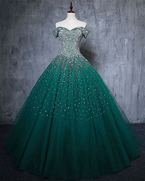 Elegant Off the Shoulder Pearl Dark green Quinceanera Dresses Prom Dre ...