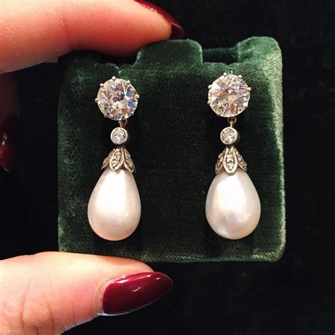 Pair Of Antique Drop Pearl And Diamond Pendant Earrings C1900