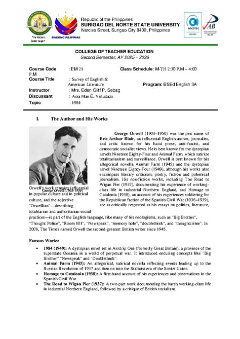 BSEd English 3A: 1984 by George Orwell - Chapter Summaries and Analysis